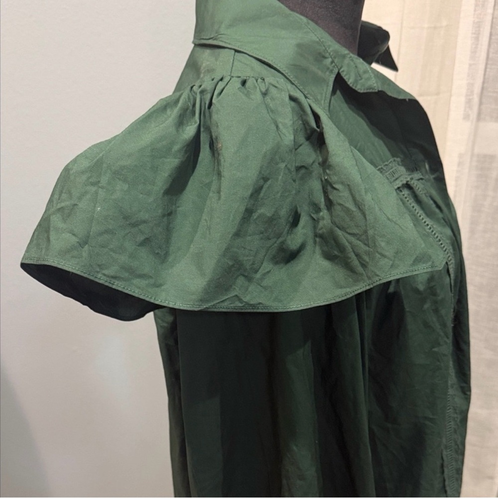 FARM Rio Deep Green Long Puffer Sleeve Wood Button Down Flowy Embroidered Dress - Picture 10 of 12